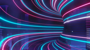 Siber punk gece şehir peyzajının 3 boyutlu canlandırması. Karanlık sahnede ışık parlıyor. Gece hayatı. 5G için teknoloji ağı. Bilim-Kurgu Başkenti ve inşaat sahnesinin nesli ve geleceği ötesinde.