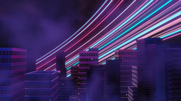 Siber Punk Gece Şehir Peyzajının Boyutlu Canlandırması Karanlık Sahnede Işık — Stok fotoğraf