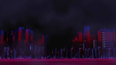 Siber punk gece şehir peyzajının 3 boyutlu canlandırması. Karanlık sahnede ışık parlıyor. Gece hayatı. 5G için teknoloji ağı. Bilim-Kurgu Başkenti ve inşaat sahnesinin nesli ve geleceği ötesinde.