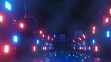 Siber punk gece şehir peyzajının 3 boyutlu canlandırması. Karanlık sahnede ışık parlıyor. Gece hayatı. 5G için teknoloji ağı. Bilim-Kurgu Başkenti ve inşaat sahnesinin nesli ve geleceği ötesinde.