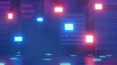 Siber punk gece şehir peyzajının 3 boyutlu canlandırması. Karanlık sahnede ışık parlıyor. Gece hayatı. 5G için teknoloji ağı. Bilim-Kurgu Başkenti ve inşaat sahnesinin nesli ve geleceği ötesinde.