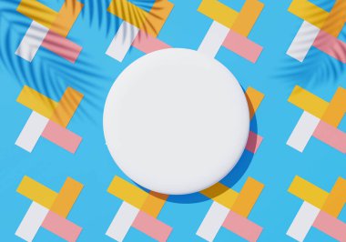 3d beyaz boş silindir çerçeve üst görünümünü maket için görüntüleyin ve palmiye yaprakları, toprak rengi ve pastel duvar arkaplanı ile ürünleri görüntüleyin. Yaratıcı fikir konsepti. Dul Gölgesi.