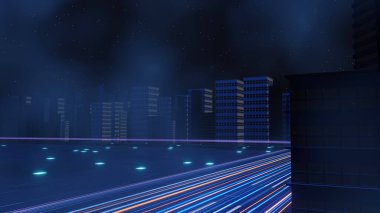 Siber punk gece şehir peyzajının 3 boyutlu canlandırması. Karanlık sahnede ışık parlıyor. Gece hayatı. 5G için teknoloji ağı. Bilim-Kurgu Başkenti ve inşaat sahnesinin nesli ve geleceği ötesinde.