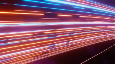 Karanlık sahnede parlayan üç boyutlu flaş ve ışık yansıması. Şehirden ya da şehirden geçen ışık tüneli. Gelecekteki ağın teknoloji interneti. Yıldızlararası seyahatin bilim kurgusu.