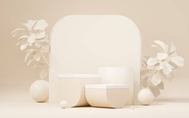 3D Kahverengi Krem Podyum 'u en az temiz tasarımla süsleyin. Ürün ve kozmetik sunumu için yaya aşaması. Reklam için soyut renkli bir sahne. Satış promosyonu geçmişi.