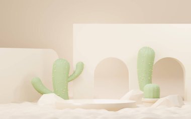 3D Kaktüs ve Kum Çölü temalı kahverengi krema podyumu. Ürün ve kozmetik sunumu için yaya aşaması. Reklam için soyut renkli bir sahne. Satış promosyonu geçmişi.