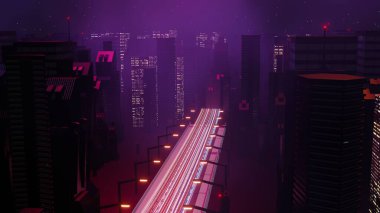 Siber punk gece şehir peyzajının 3 boyutlu canlandırması. Karanlık sahnede ışık parlıyor. Gece hayatı. 5G için teknoloji ağı. Bilim-Kurgu Başkenti ve inşaat sahnesinin nesli ve geleceği ötesinde.