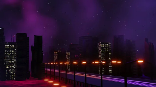 Redare Conceptului Cyber Punk Night City Peisaj Lumină Strălucitoare Scena — Fotografie, imagine de stoc