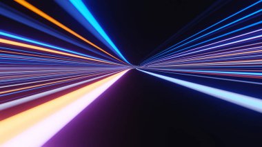 Karanlık sahnede parlayan üç boyutlu flaş ve ışık yansıması. Şehirden ya da şehirden geçen ışık tüneli. Gelecekteki ağın teknoloji interneti. Yıldızlararası seyahatin bilim kurgusu.