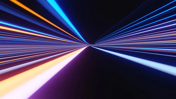 Karanlık sahnede parlayan üç boyutlu flaş ve ışık yansıması. Şehirden ya da şehirden geçen ışık tüneli. Gelecekteki ağın teknoloji interneti. Yıldızlararası seyahatin bilim kurgusu.