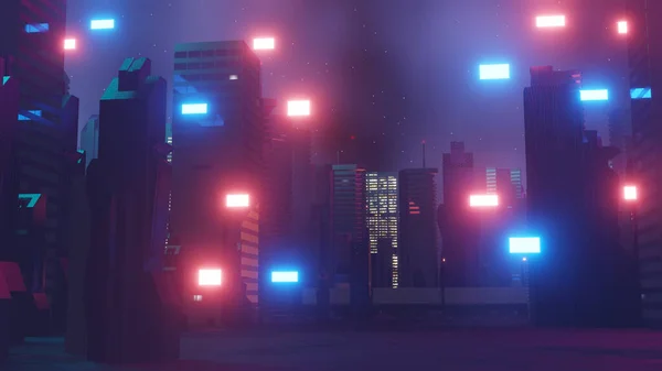 Renderizado Cyber Punk Concepto Paisaje Ciudad Noche Luz Que Brilla — Foto de Stock