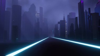 Siber punk gece şehir peyzajının 3 boyutlu canlandırması. Karanlık sahnede ışık parlıyor. Gece hayatı. 5G için teknoloji ağı. Bilim-Kurgu Başkenti ve inşaat sahnesinin nesli ve geleceği ötesinde.
