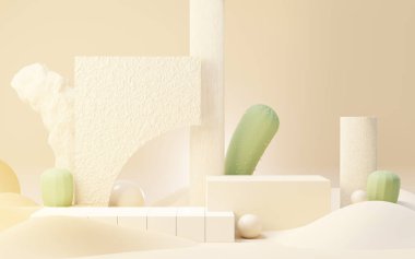 3D Kaktüs ve Kum Çölü temalı kahverengi krema podyumu. Ürün ve kozmetik sunumu için yaya aşaması. Reklam için soyut renkli bir sahne. Satış promosyonu geçmişi.