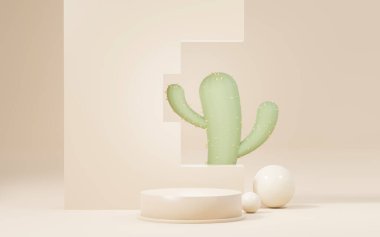 3D Kaktüs ve Kum Çölü temalı kahverengi krema podyumu. Ürün ve kozmetik sunumu için yaya aşaması. Reklam için soyut renkli bir sahne. Satış promosyonu geçmişi.