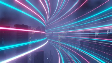 Siber punk gece şehir peyzajının 3 boyutlu canlandırması. Karanlık sahnede ışık parlıyor. Gece hayatı. 5G için teknoloji ağı. Bilim-Kurgu Başkenti ve inşaat sahnesinin nesli ve geleceği ötesinde.