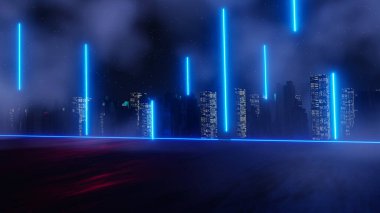 Siber punk gece şehir peyzajının 3 boyutlu canlandırması. Karanlık sahnede ışık parlıyor. Gece hayatı. 5G için teknoloji ağı. Bilim-Kurgu Başkenti ve inşaat sahnesinin nesli ve geleceği ötesinde.