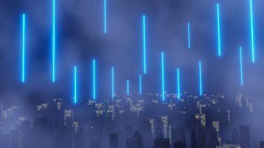 Siber punk gece şehir peyzajının 3 boyutlu canlandırması. Karanlık sahnede ışık parlıyor. Gece hayatı. 5G için teknoloji ağı. Bilim-Kurgu Başkenti ve inşaat sahnesinin nesli ve geleceği ötesinde.