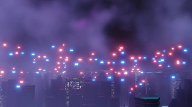 Siber punk gece şehir peyzajının 3 boyutlu canlandırması. Karanlık sahnede ışık parlıyor. Gece hayatı. 5G için teknoloji ağı. Bilim-Kurgu Başkenti ve inşaat sahnesinin nesli ve geleceği ötesinde.