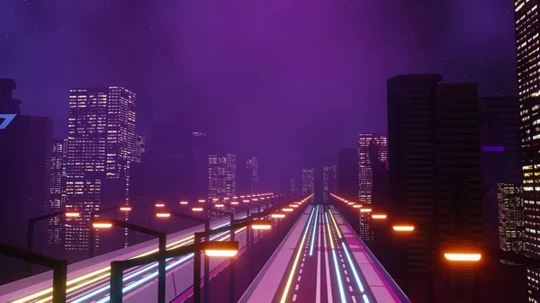 Siber Punk Gece Şehir Peyzajının Boyutlu Canlandırması Karanlık Sahnede Işık — Stok fotoğraf