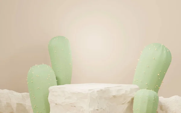 Finto Podio Crema Marrone Con Cactus Sabbia Deserto Mini Tema — Foto Stock