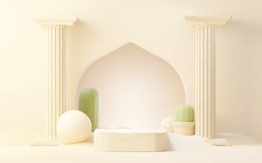 3D Kaktüs ve Kum Çölü temalı kahverengi krema podyumu. Ürün ve kozmetik sunumu için yaya aşaması. Reklam için soyut renkli bir sahne. Satış promosyonu geçmişi.