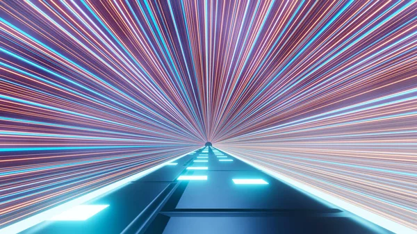 Rendering Flash Neon Luce Incandescente Sulla Scena Oscura Velocità Tunnel — Foto Stock