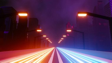 Siber punk gece şehir peyzajının 3 boyutlu canlandırması. Karanlık sahnede ışık parlıyor. Gece hayatı. 5G için teknoloji ağı. Bilim-Kurgu Başkenti ve inşaat sahnesinin nesli ve geleceği ötesinde.