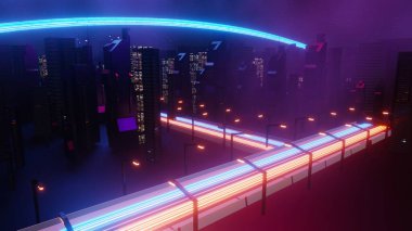 Siber punk gece şehir peyzajının 3 boyutlu canlandırması. Karanlık sahnede ışık parlıyor. Gece hayatı. 5G için teknoloji ağı. Bilim-Kurgu Başkenti ve inşaat sahnesinin nesli ve geleceği ötesinde.