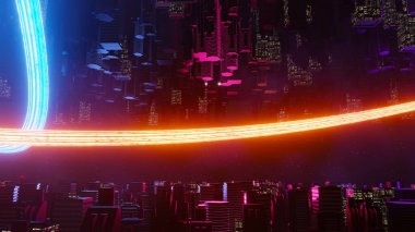 Siber punk gece şehir peyzajının 3 boyutlu canlandırması. Karanlık sahnede ışık parlıyor. Gece hayatı. 5G için teknoloji ağı. Bilim-Kurgu Başkenti ve inşaat sahnesinin nesli ve geleceği ötesinde.