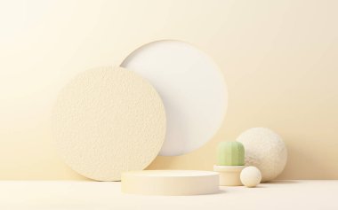 3D Kaktüs ve Kum Çölü temalı kahverengi krema podyumu. Ürün ve kozmetik sunumu için yaya aşaması. Reklam için soyut renkli bir sahne. Satış promosyonu geçmişi.