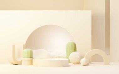 3D Kaktüs ve Kum Çölü temalı kahverengi krema podyumu. Ürün ve kozmetik sunumu için yaya aşaması. Reklam için soyut renkli bir sahne. Satış promosyonu geçmişi.