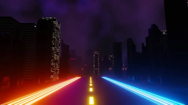 サイバーパンクナイトシティ景観コンセプトの3Dレンダリング 暗いシーンで輝く光 ナイトライフ 5Gの技術ネットワーク Sci Capitalの世代と未来を超え シーンを構築する — ストック写真