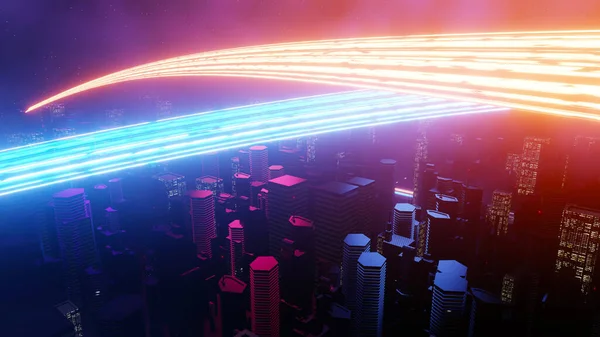 3d render of Cyber punk night city landscape concept. Light glowing on dark scene. Night life. Technology network for 5g. Beyond generation and futuristic of Sci-Fi Capital city and building scene.