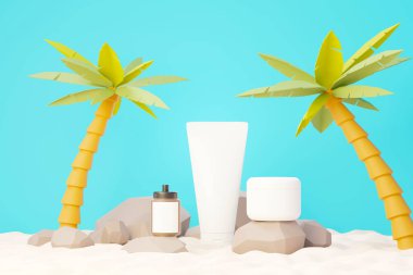 3 boyutlu boş kozmetik cilt ürünleri ya da paketleme modeli. Güzellik sabunu ve spa konsepti. Cilt sağlığı için losyon yağı nemlendirici. Markalaşma için kaliteli ve lüks tasarım.