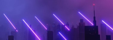 Siber punk gece şehir peyzajının 3 boyutlu canlandırması. Karanlık sahnede ışık parlıyor. Gece hayatı. 5G için teknoloji ağı. Bilim-Kurgu Başkenti ve inşaat sahnesinin nesli ve geleceği ötesinde.