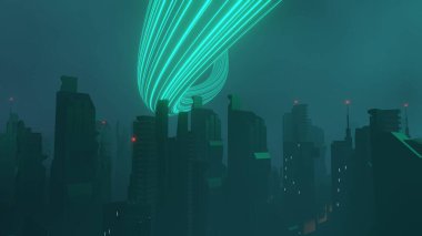 Siber punk gece şehir peyzajının 3 boyutlu canlandırması. Karanlık sahnede ışık parlıyor. Gece hayatı. 5G için teknoloji ağı. Bilim-Kurgu Başkenti ve inşaat sahnesinin nesli ve geleceği ötesinde.