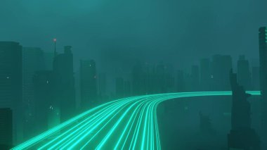 Siber punk gece şehir peyzajının 3 boyutlu canlandırması. Karanlık sahnede ışık parlıyor. Gece hayatı. 5G için teknoloji ağı. Bilim-Kurgu Başkenti ve inşaat sahnesinin nesli ve geleceği ötesinde.