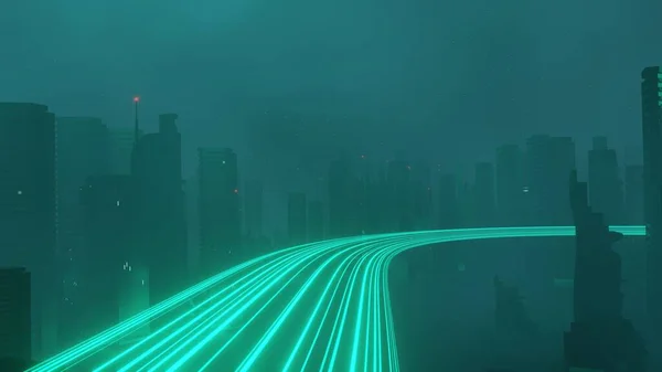 Render Cyber Punk Noite Cidade Paisagem Conceito Luz Brilhando Cena — Fotografia de Stock