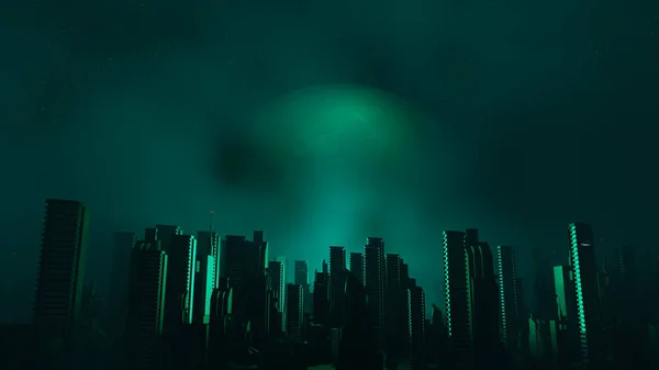 Renderizado Cyber Punk Concepto Paisaje Ciudad Noche Luz Que Brilla —  Fotos de Stock