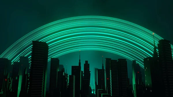 サイバーパンクナイトシティ景観コンセプトの3Dレンダリング 暗いシーンで輝く光 ナイトライフ 5Gの技術ネットワーク Sci Capitalの世代と未来を超え シーンを構築する — ストック写真