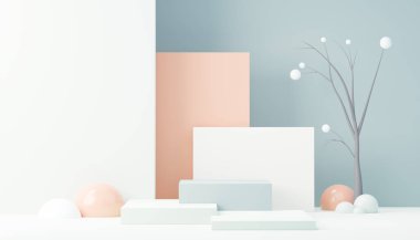 3D sunum ve reklam için soyut podyum platformunu hazırlayın. Temiz dizaynlı minimum sahne arkaplanı. Model için boş kaide. Kozmetik için pastel renkli boş sahne.