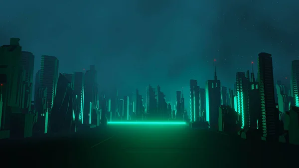 3d render of Cyber punk night city landscape concept. Light glowing on dark scene. Night life. Technology network for 5g. Beyond generation and futuristic of Sci-Fi Capital city and building scene.