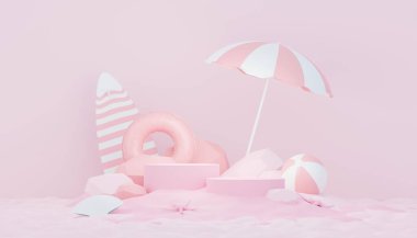 Gösteri ve satış ürünleri için 3D podyum arkaplanı oluşturun. Merhaba yaz sezonu sahne tasarımı konsepti. Sunum ve reklam için soyut boş kaide. Yaz Tatilleri.