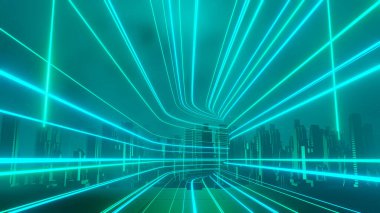 Siber punk gece şehir peyzajının 3 boyutlu canlandırması. Karanlık sahnede ışık parlıyor. Gece hayatı. 5G için teknoloji ağı. Bilim-Kurgu Başkenti ve inşaat sahnesinin nesli ve geleceği ötesinde.