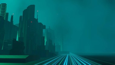 Siber punk gece şehir peyzajının 3 boyutlu canlandırması. Karanlık sahnede ışık parlıyor. Gece hayatı. 5G için teknoloji ağı. Bilim-Kurgu Başkenti ve inşaat sahnesinin nesli ve geleceği ötesinde.