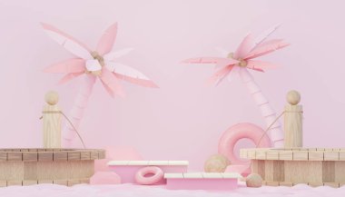 Gösteri ve satış ürünleri için 3D podyum arkaplanı oluşturun. Merhaba yaz sezonu sahne tasarımı konsepti. Sunum ve reklam için soyut boş kaide. Yaz Tatilleri.