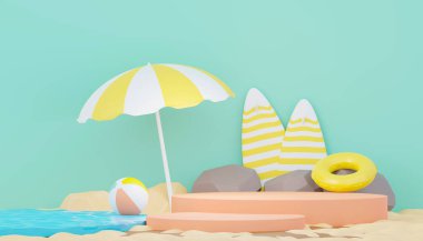 Gösteri ve satış ürünleri için 3D podyum arkaplanı oluşturun. Merhaba yaz sezonu sahne tasarımı konsepti. Sunum ve reklam için soyut boş kaide. Yaz Tatilleri.