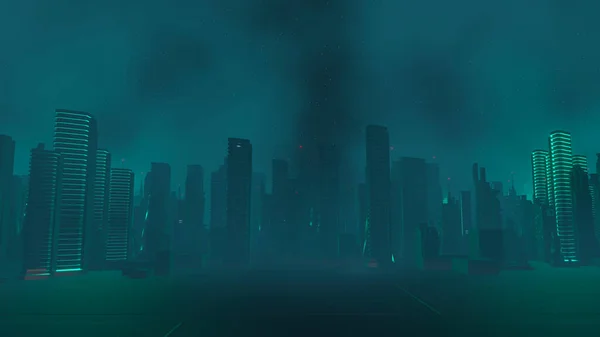 3d render of Cyber punk night city landscape concept. Light glowing on dark scene. Night life. Technology network for 5g. Beyond generation and futuristic of Sci-Fi Capital city and building scene.