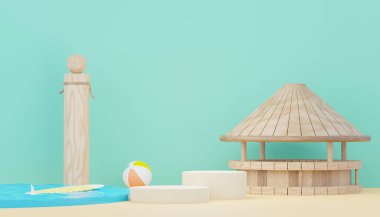 Gösteri ve satış ürünleri için 3D podyum arkaplanı oluşturun. Merhaba yaz sezonu sahne tasarımı konsepti. Sunum ve reklam için soyut boş kaide. Yaz Tatilleri.