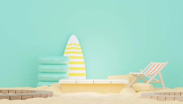 3d render minimal podium background for show and sales products. Hello Summer season scene design concept. Abstract Vacant pedestal for presentation and advertising. Beach Vacations in Summer.